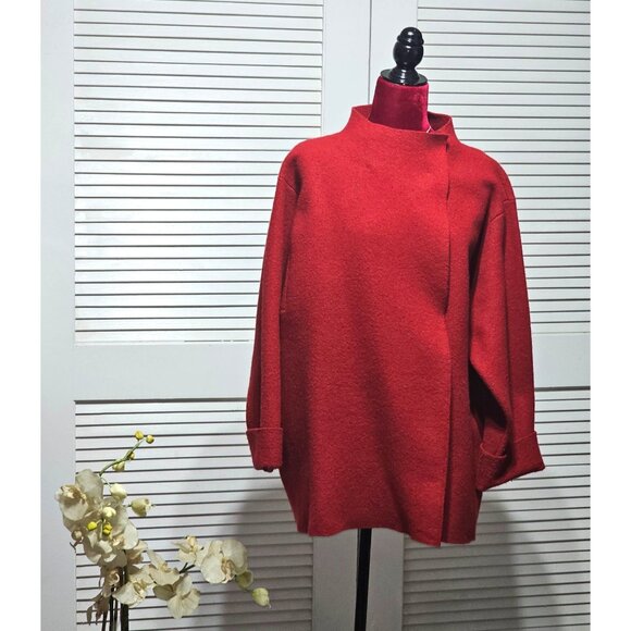 Eileen Fisher Womans Red Wool Cowl Snap Cape Cardigan Oversized Jacket Sz1X 2879 - Picture 1 of 12